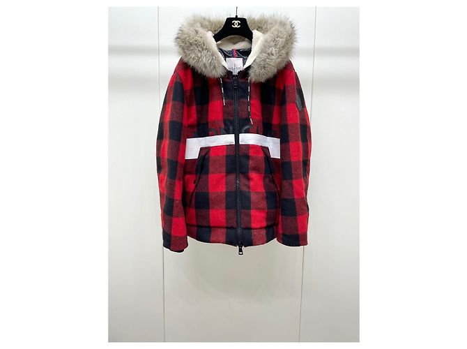 Moncler Red Plaid Wool Down Jacket with Fur Collar Multiple colors