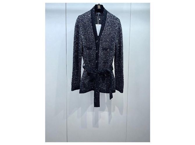 Chanel 23B Strickjacke Schwarz Wolle mit Pailletten Mehrfarben