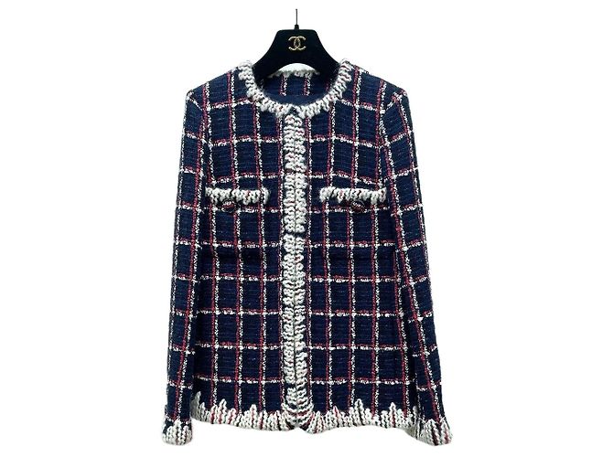 Chanel Tweed Jacket Blue and Red Check Pattern Size 34
