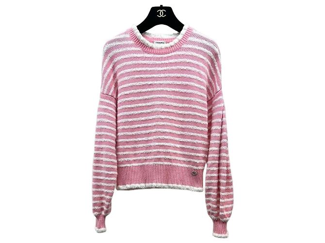 Pull Chanel en laine à rayures roses et blanches Taille 36