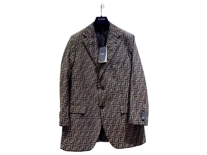 Fendi Logo Pattern Wool Jacket Brown