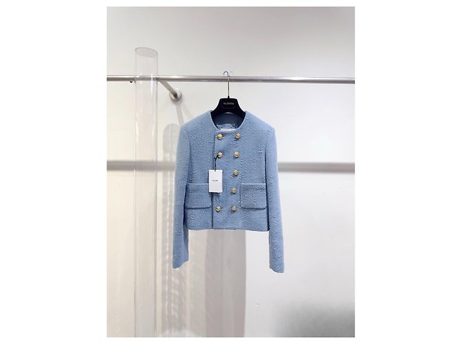 Chaqueta Céline de tweed azul de botonadura doble Multicolor