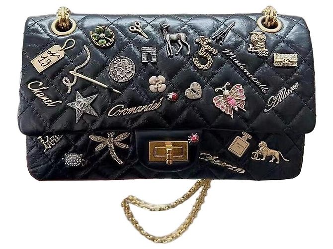 Bolsa de mão Chanel 2.55 em couro preto Multicor