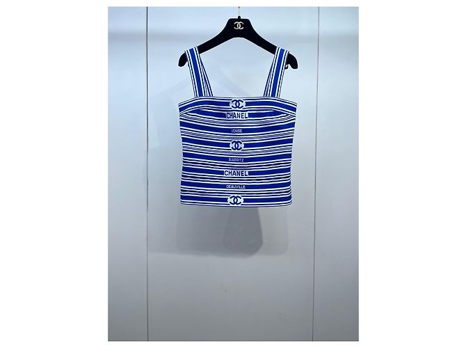 Top Chanel Gilet Senza Maniche in Cotone a Righe Blu e Bianche Multicolore