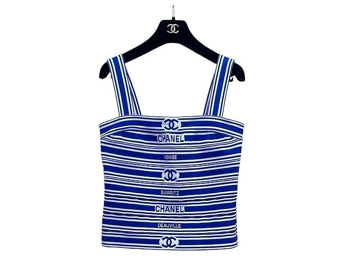 Colete Chanel Sem Mangas de Algodão Listrado Azul e Branco