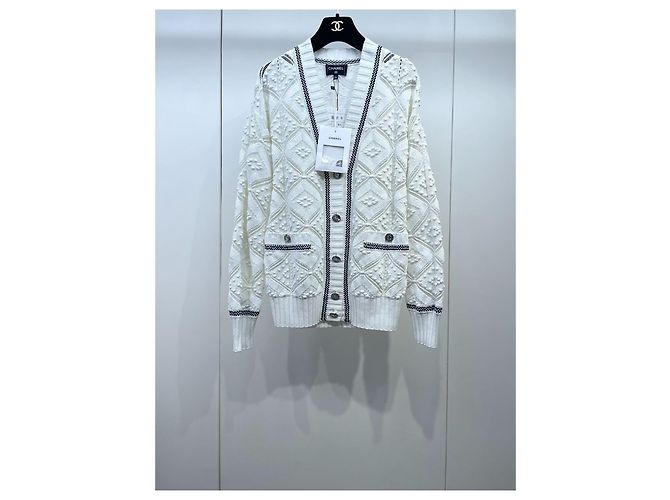 Cárdigan Chanel de punto calado blanco de algodón Multicolor