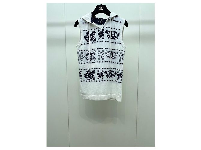 Top de malha sem mangas com capuz Chanel Branco Algodão Multicor