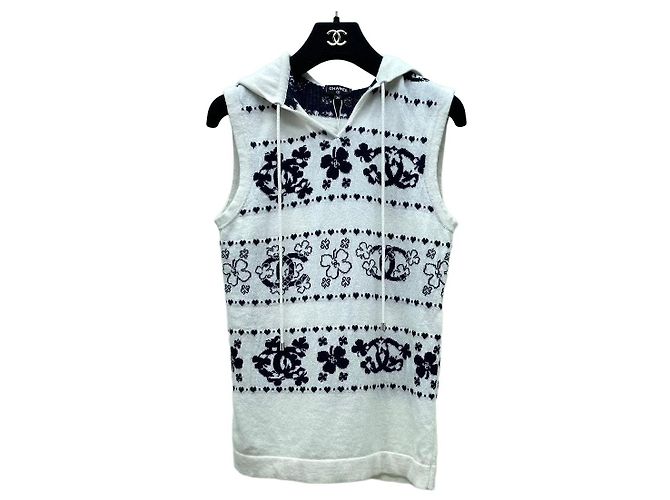 Top in maglia senza maniche con cappuccio Chanel Bianco Cotone Multicolore