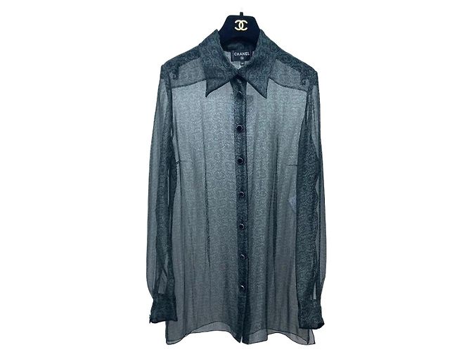 Top Chanel 23A in seta grigio bianco e nero