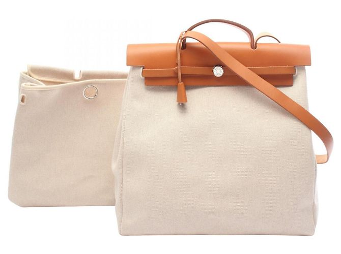 Hermès Bolsa Hermes Herbag MM Ecru Natural Marrom Bege