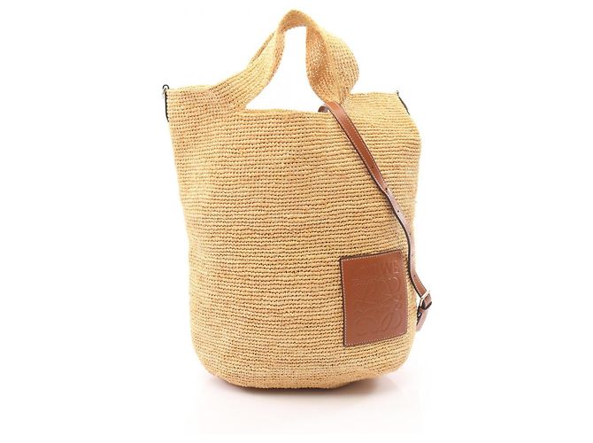Borsa Loewe Slit in rafia e pelle marrone beige