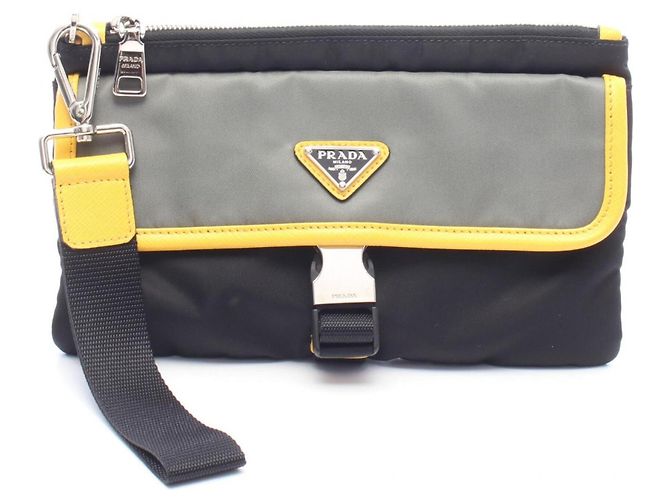 Saffiano Prada Triangle Logo Second Bag Clutch Handtasche Braun Schwarz Gelb