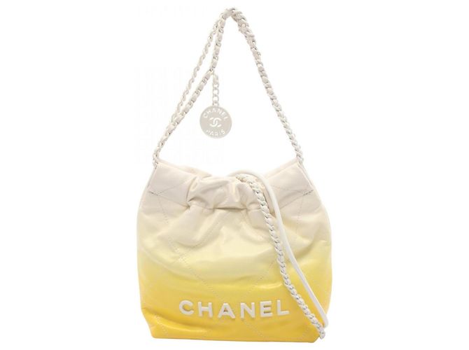 Chanel CHANEL 22 Mini Bolsa de Ombro 2-Way Branco Cru Amarelo