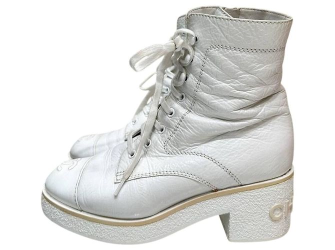 CHANEL 'Ready Steady' White Leather Lace-Up Boots 37.5 Pre-owned