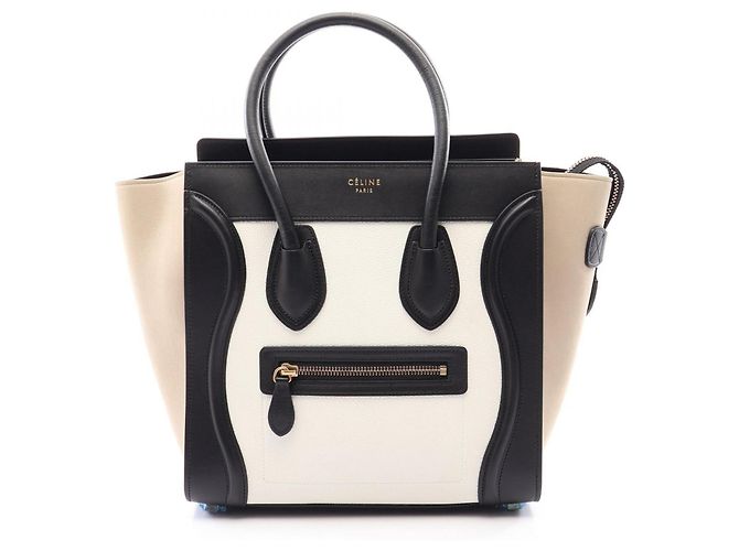 Céline Sac Cabas Celine Luggage Micro Shopper Noir Blanc Beige