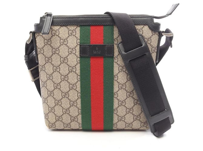 Bolsa Messenger Plana Gucci GG Supreme Web Stripe Preto Multicor Bege