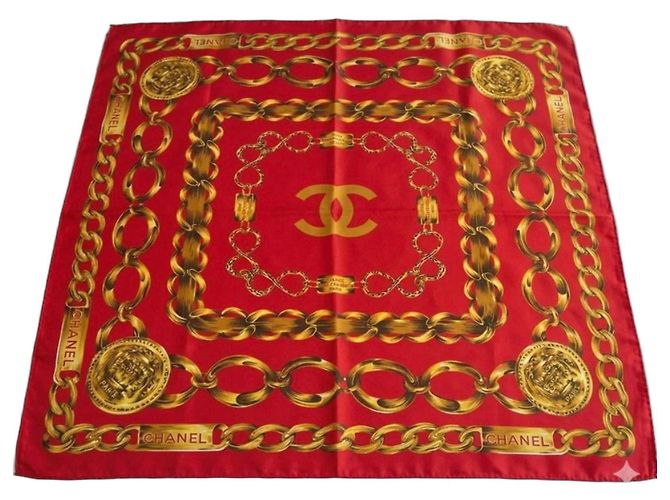 Cambon Chanel Seidentuch Rot mit Goldketten-Print Golden