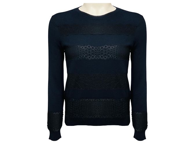 Giambattista Valli Kaschmir-Strickpullover in Marineblau mit Spitzenbesatz