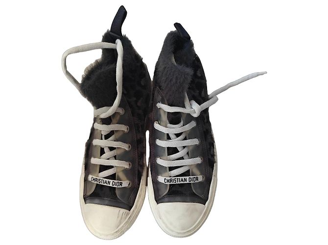Christian Dior Sneaker Alte in Velluto e Pelliccia Nero Grigio Stampa leopardo