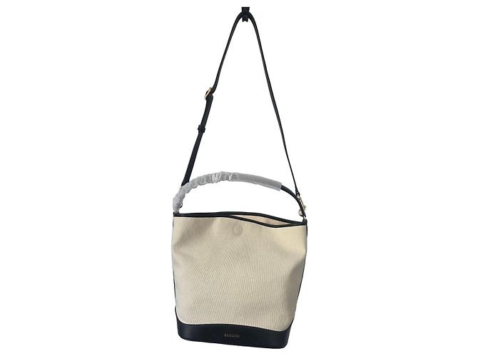 Sandro Tangoso - Borsa a secchiello in pelle nera e tela beige Nero
