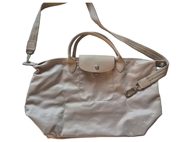 Longchamp Le Pliage Bolsa de Couro Bege