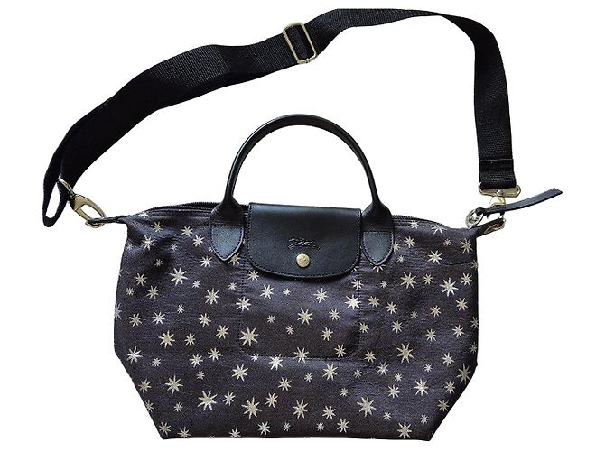 Longchamp Canvas Handtasche mit Sternenprint Weiß Dunkelblau