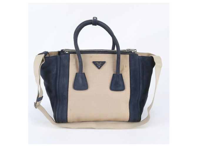 Prada Triangle Logo Leather 2-Way Tote Bag Beige Navy blue