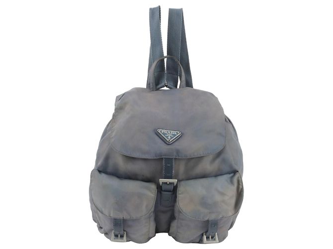 Prada Tessuto Nylon Triangle Logo Leather Backpack Brown