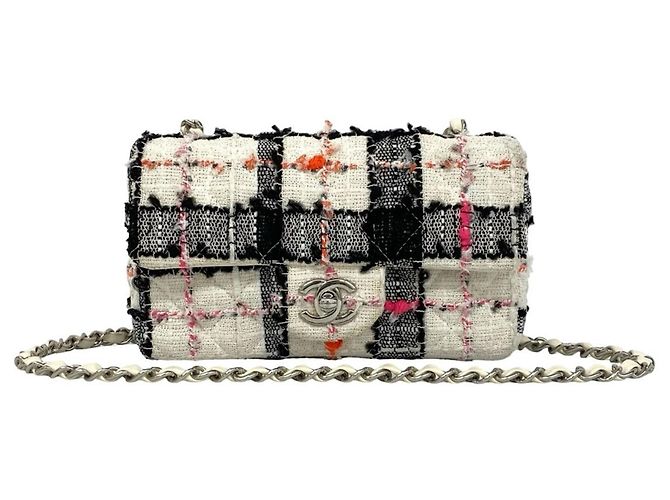 Bolsa de ombro mini Chanel Matelassé Coco Mark em tweed e couro Preto Rosa Branco Laranja