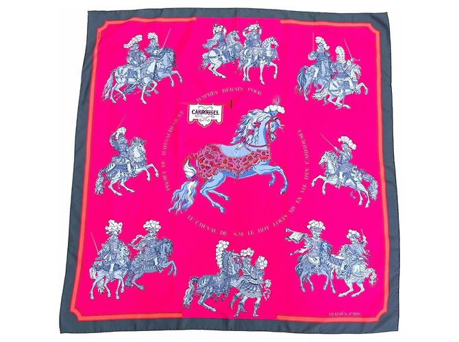 Foulard Hermès Carrousel 100% seta Marrone Rosa Multicolore