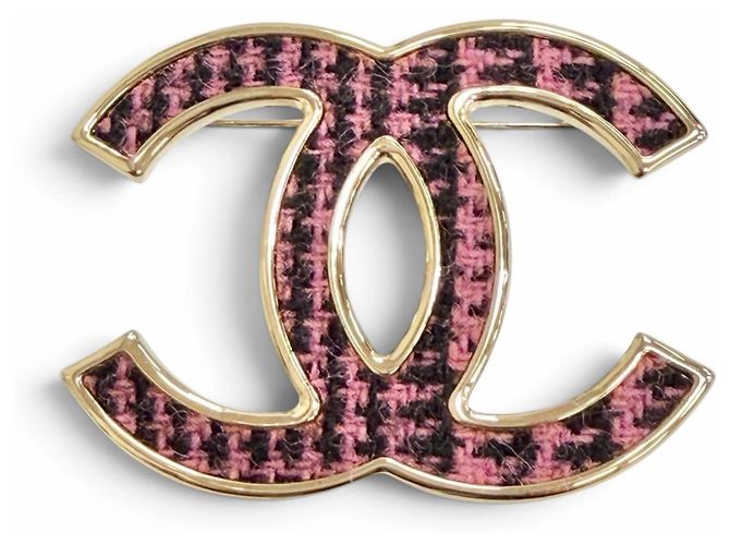 Broche de tweed Chanel Coco Mark CC Logo Negro Rosa Dorado