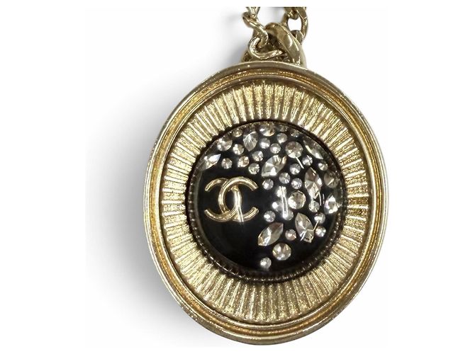 Colar de corrente com strass Chanel D21B Coco Mark Preto Dourado