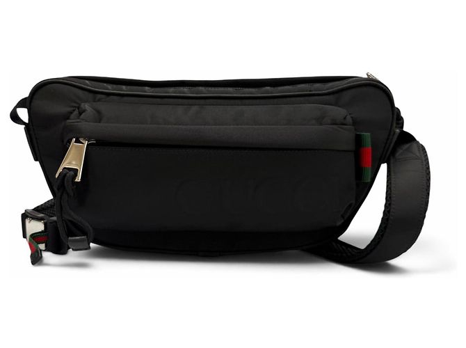 Borsa a tracolla Gucci in nylon e pelle con linea Web nera e logo impresso Nero