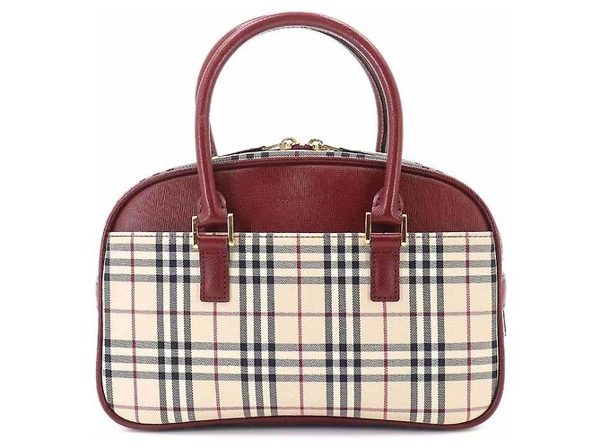 Burberry Nova Check Mini Boston Handtasche Beige Bordeaux