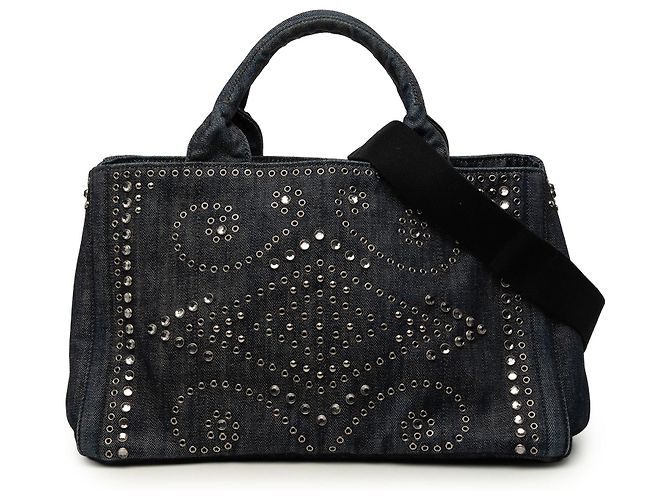Tote Prada em Denim Preto Canapa Bijoux e Ilhoses