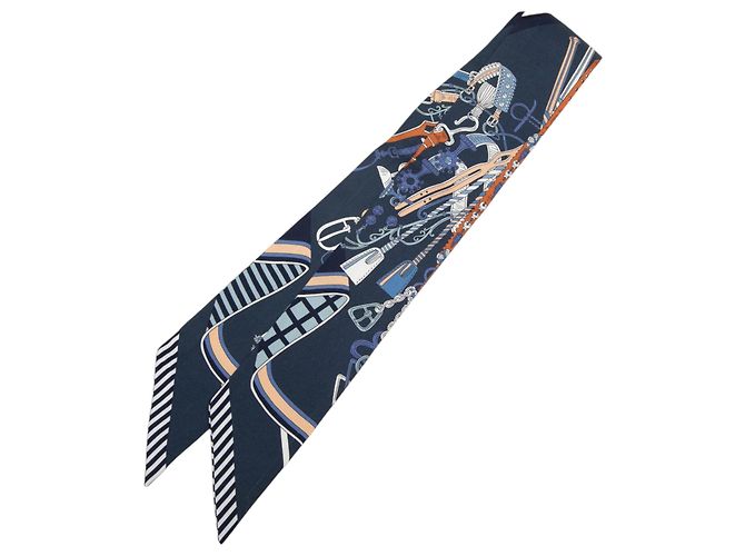 Twilly in seta Hermès Blue Bouquets Sellier Blu navy