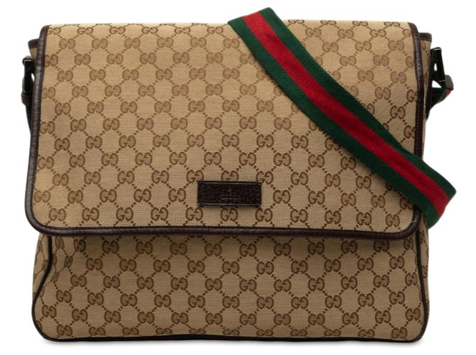 Bolsa Messenger com Aba Gucci em Lona GG Bege e Web