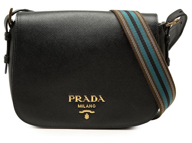 Bolsa tiracolo Prada em couro Saffiano preto com aba