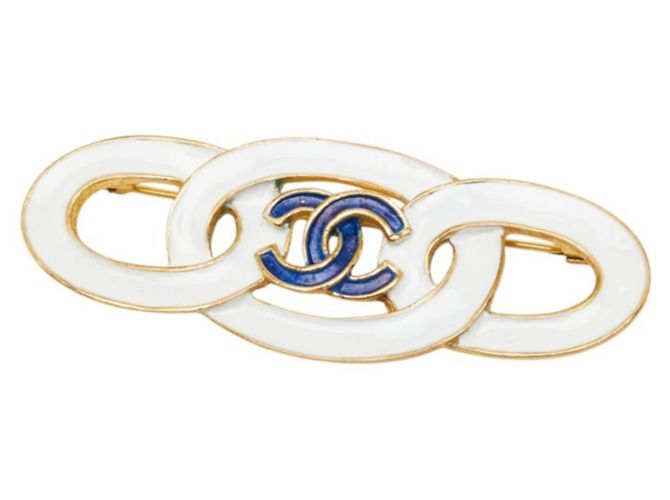 Broche Chanel Coco Mark Blanco Azul Dorado