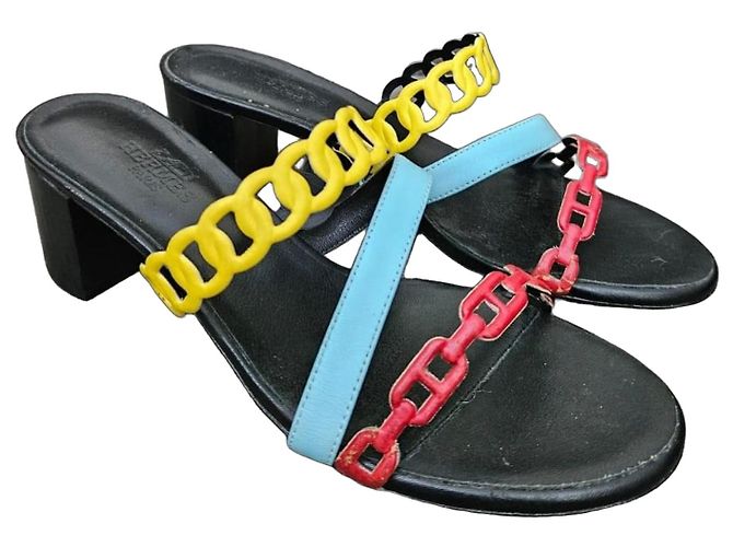 Hermès Multicolor Chain Heeled Sandals Black Red Yellow Light blue