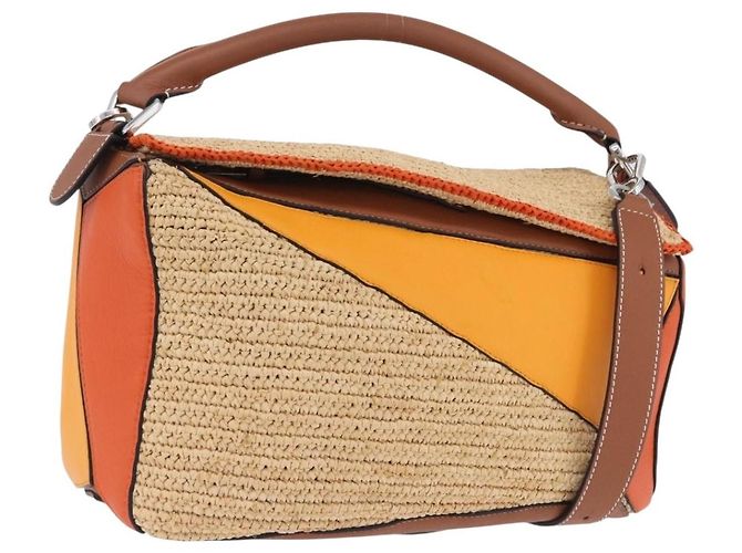 Loewe Puzzle Leather and Raffia Medium Beige