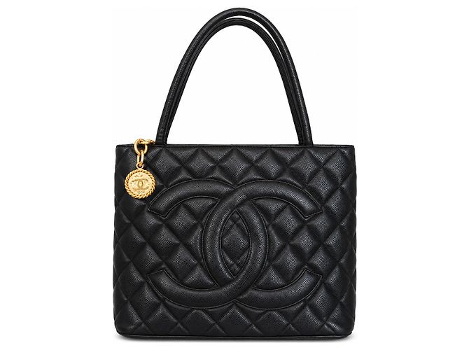 Chanel Saco Tote Medaillon Acolchoado Couro Caviar Preto