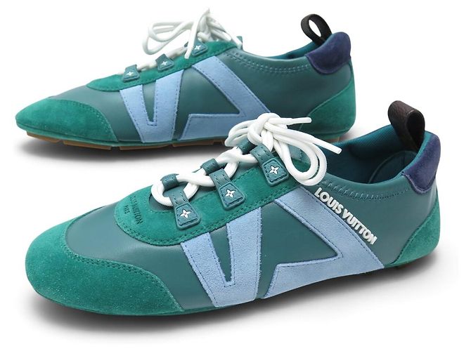 NEUF BASKETS LOUIS VUITTON SNEAKERINA 1AHNDY 35 CUIR & DAIM VERT SNEAKERS