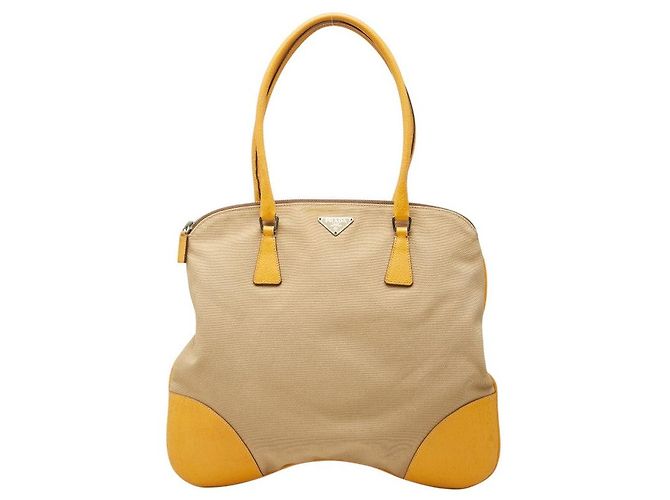 Prada Triangle Logo Plate Tote Brown Beige