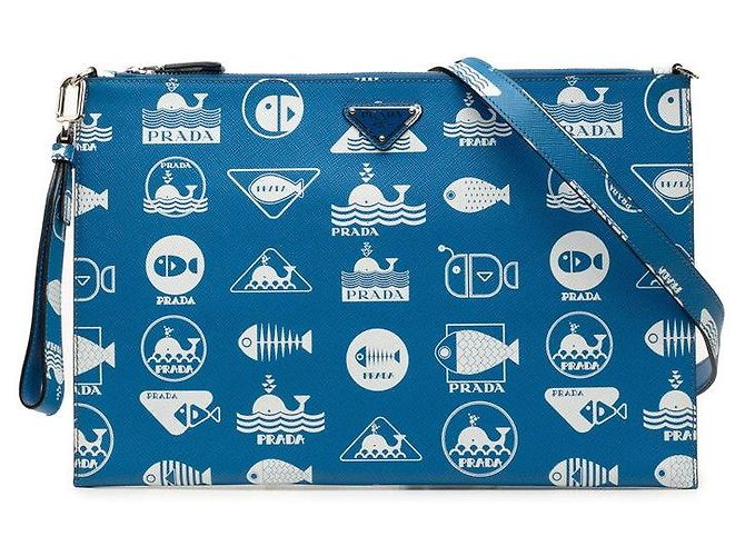 Pochette Prada avec plaque logo triangle Bleu