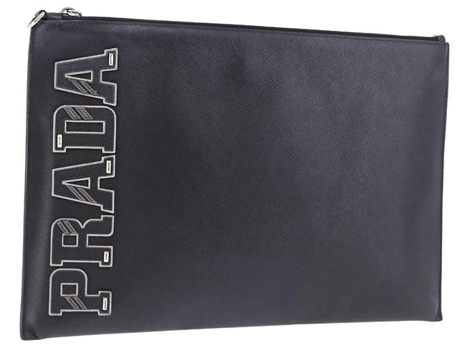PRADA Clutch Bag Safiano Leather Black Silver