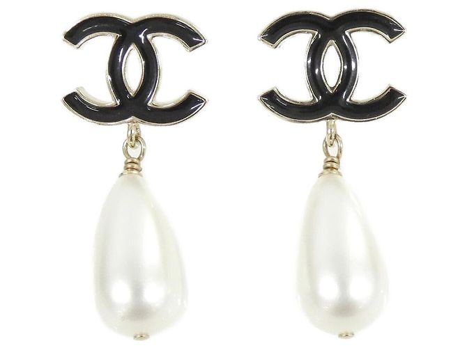 Chanel ABF395 Stecker-Ohrringe Schwarz Weiß Golden