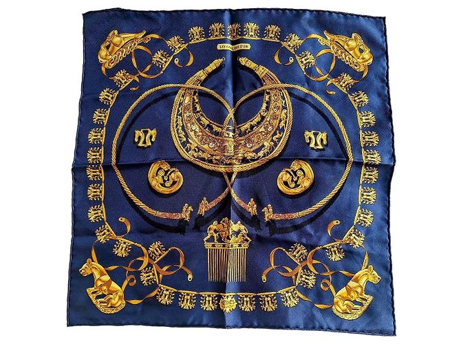 Hermès "Les Cavaliers d'Or" Silk Square Scarf Blue Golden