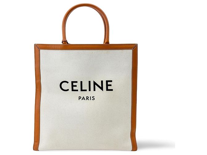 Céline Celine Vertical Cabas Canvas with Leather Small Beige