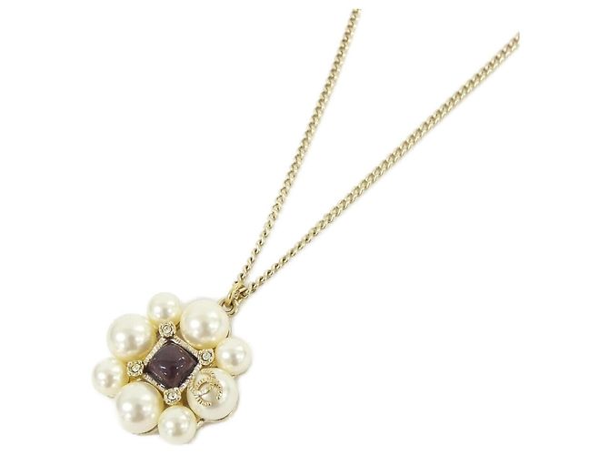 Colar Chanel Castanho, Dourado e Branco Marrom